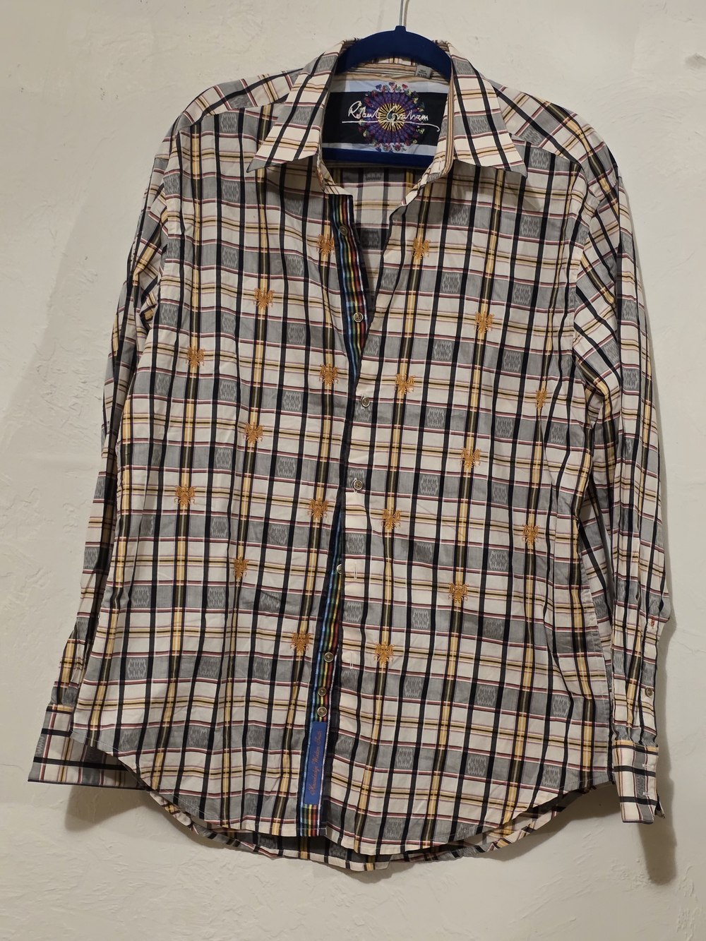 Robert Graham White Plaid Button-Up Shirt with Yellow Embroidery